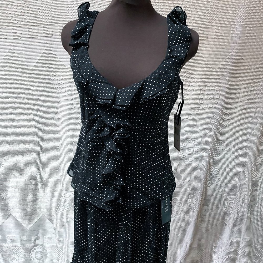 Ralph Lauren NWT Silk sleeveless Ruffle Top and Skirt 8/10 Black with Polka Dots